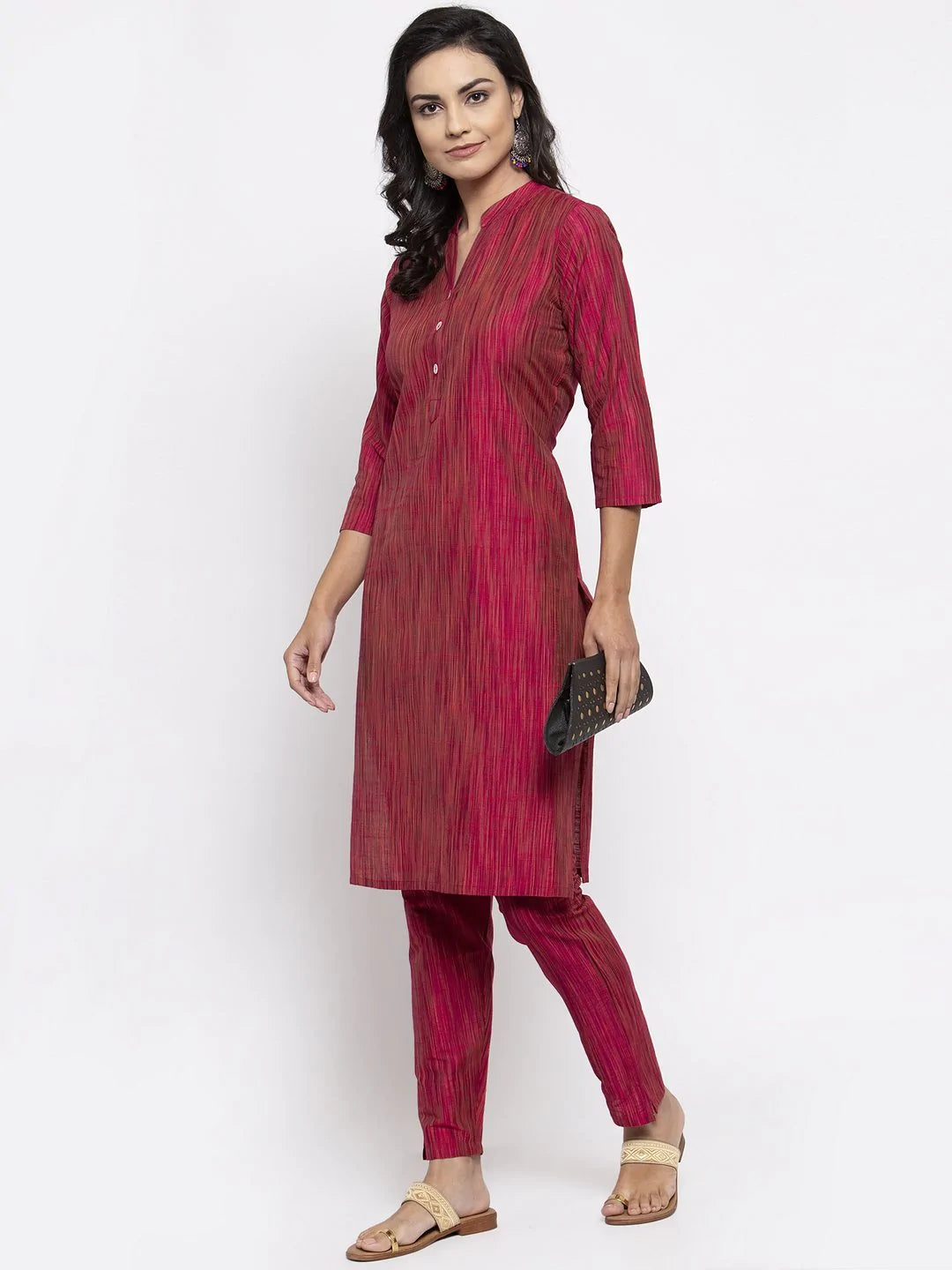 Jompers Women Pink Self-Striped Kurta with Trousers ( JOKS 1310 Pink )