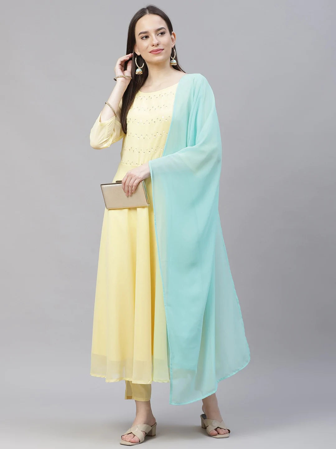 Women Yellow Embroidered Regular Sequinned Kurta with Trousers & Dupatta ( JOKS D19Sky 1383 Yellow )
