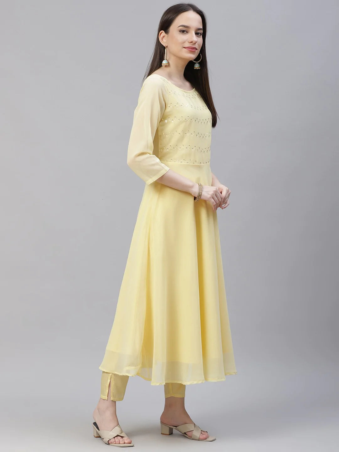 Women Yellow Embroidered Regular Sequinned Kurta with Trousers & Dupatta ( JOKS D19Sky 1383 Yellow )