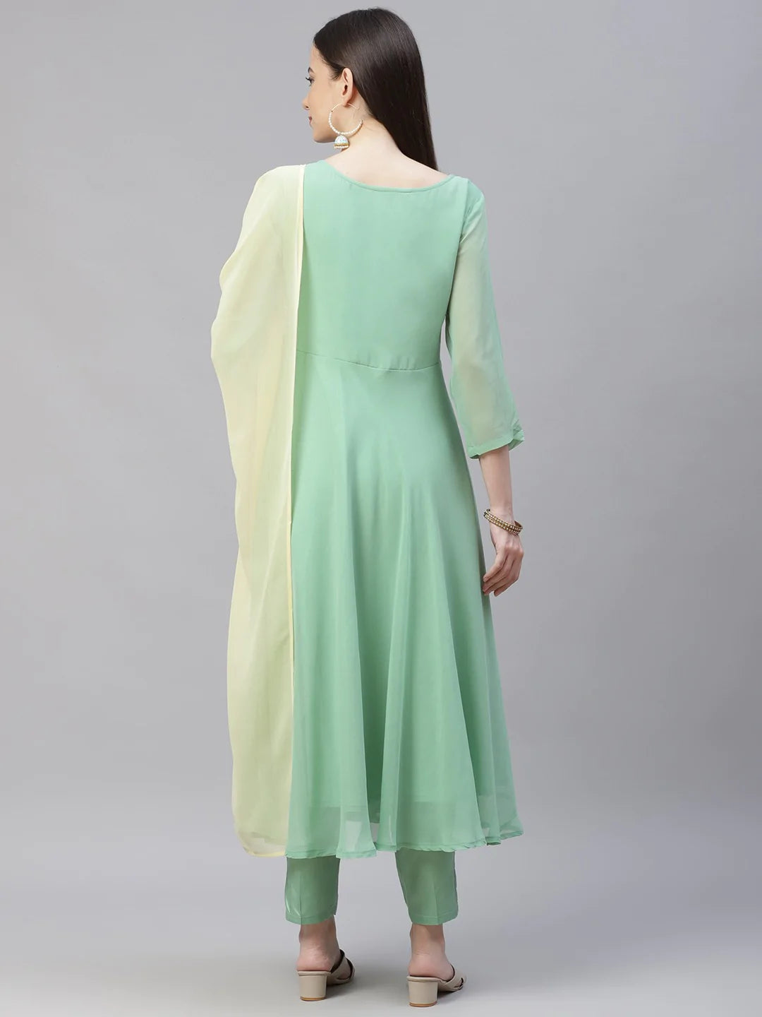 Women Sea Green Embroidered Regular Sequinned Kurta with Trousers & Dupatta ( JOKS D19Yellow 1383 Green )