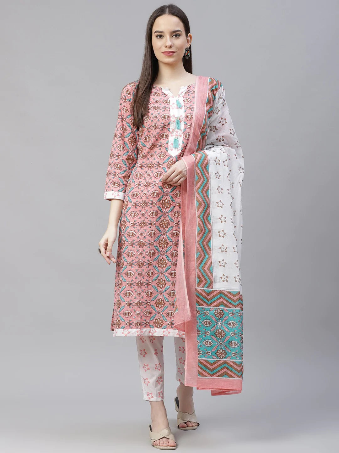 Women Pink & White Ethnic Motifs Printed Pure Cotton Kurta with Trousers & Dupatta ( JOKS D24P 1402 Pink )