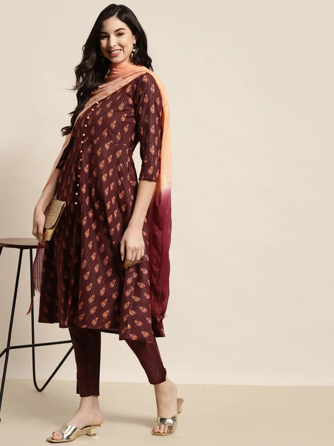 Printed Kurta with Trousers & With Dupatta ( JOKS D33M 1455 Maroon )