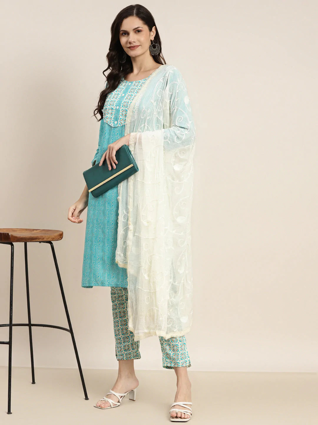 Printed Gotta Patti Kurta with Trousers & Dupatta ( JOKS D36W 1470 Blue )