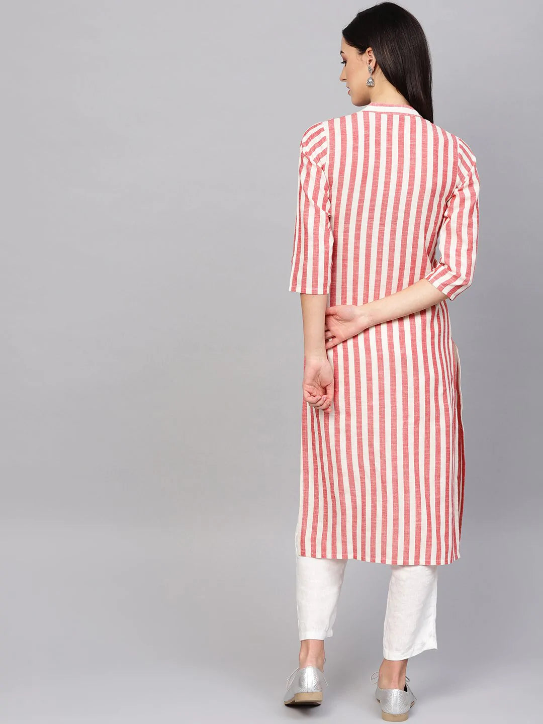 Jompers Women Red & Off-White Striped Cotton Straight Kurta ( JOK 1204 Red )