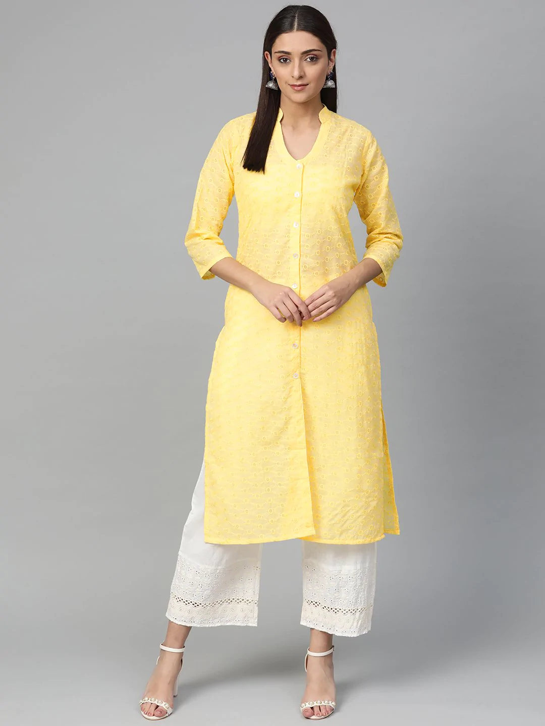 Jompers Women Yellow Chikankari Embroidered Semi-Sheer Straight Kurta ( JOK 1286 Yellow )