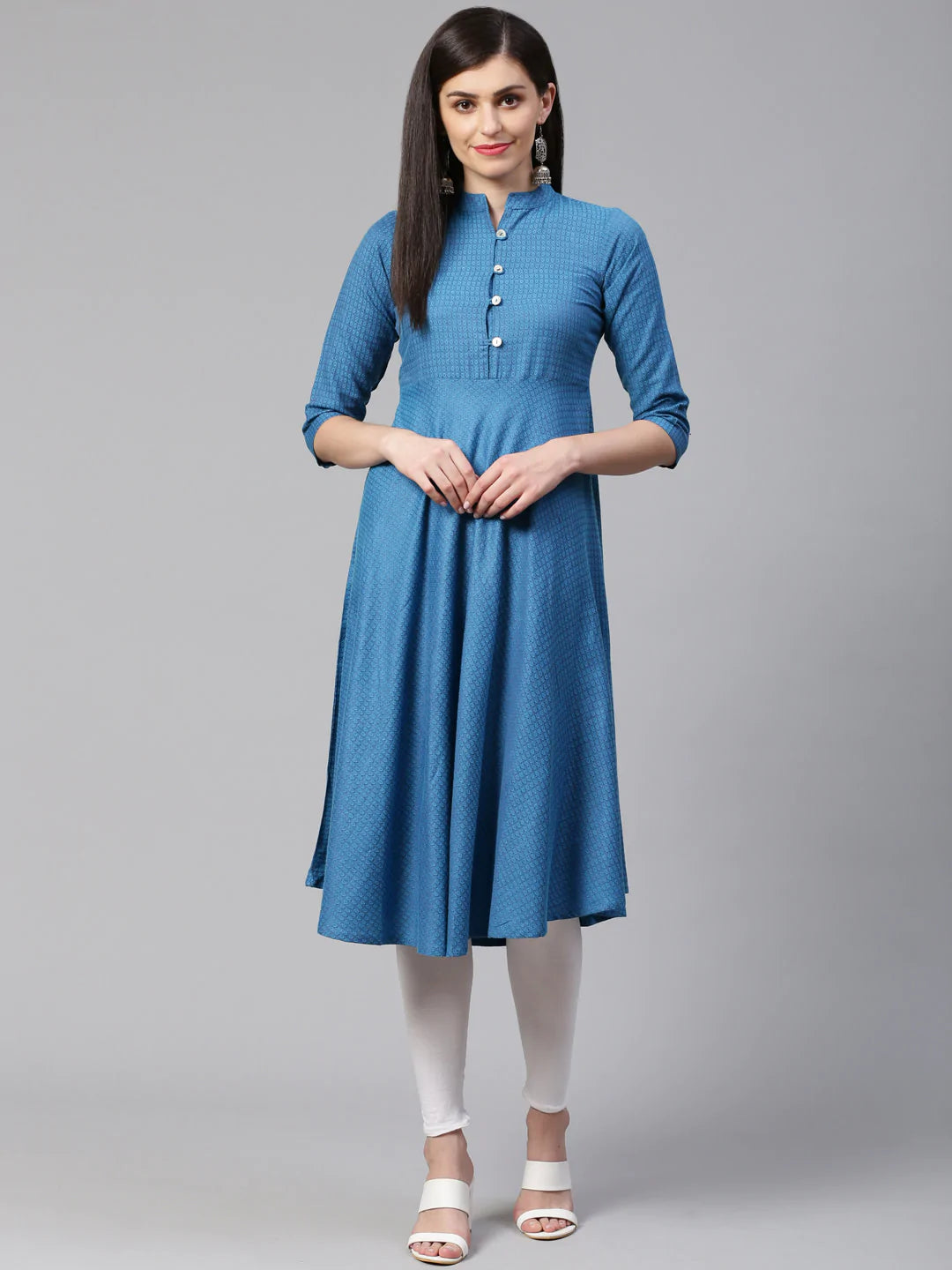 Jompers Women Blue Woven Design Jacquard Weave A-Line Kurta (JOK 1330 Green)