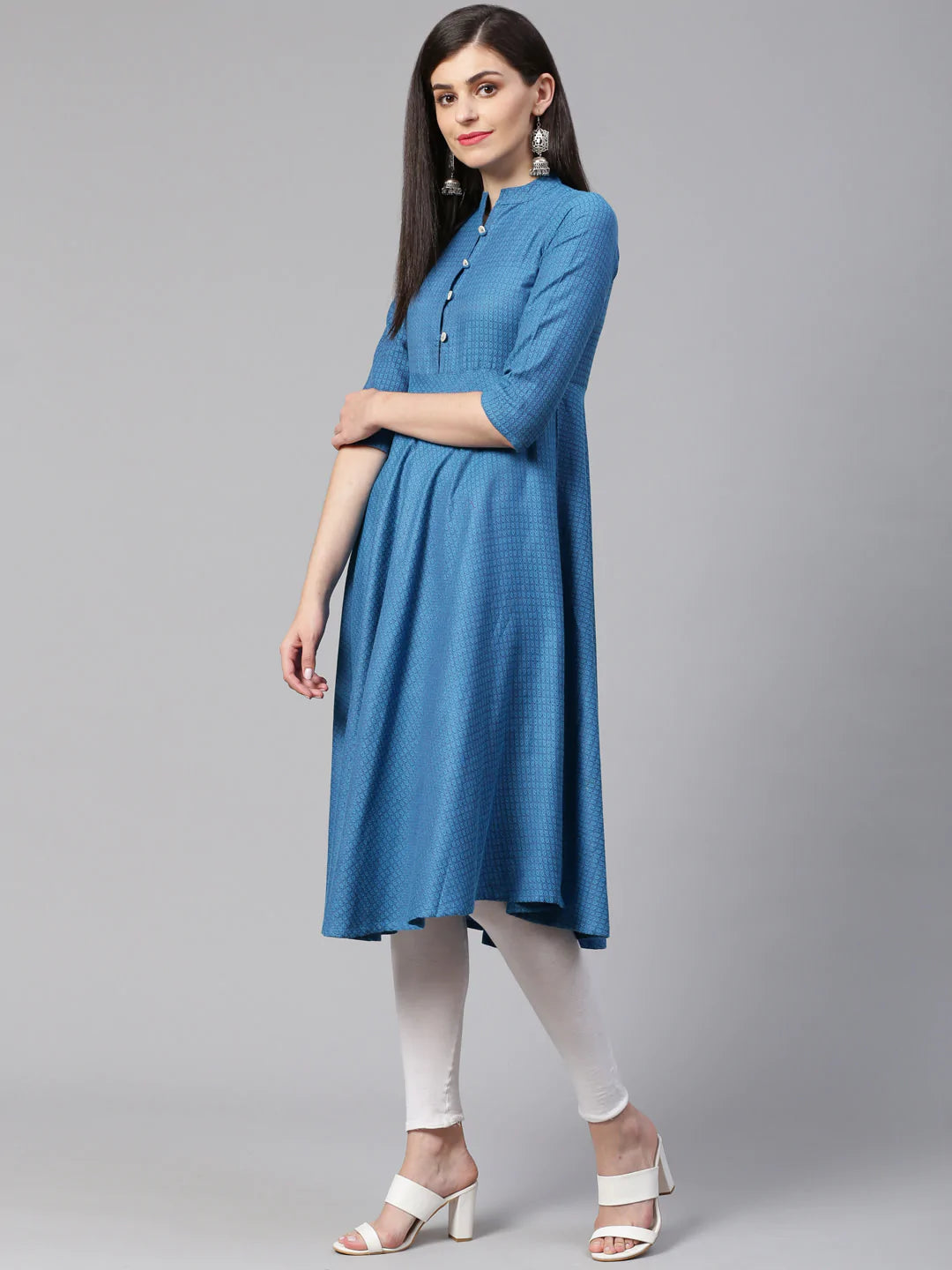 Jompers Women Blue Woven Design Jacquard Weave A-Line Kurta (JOK 1330 Green)