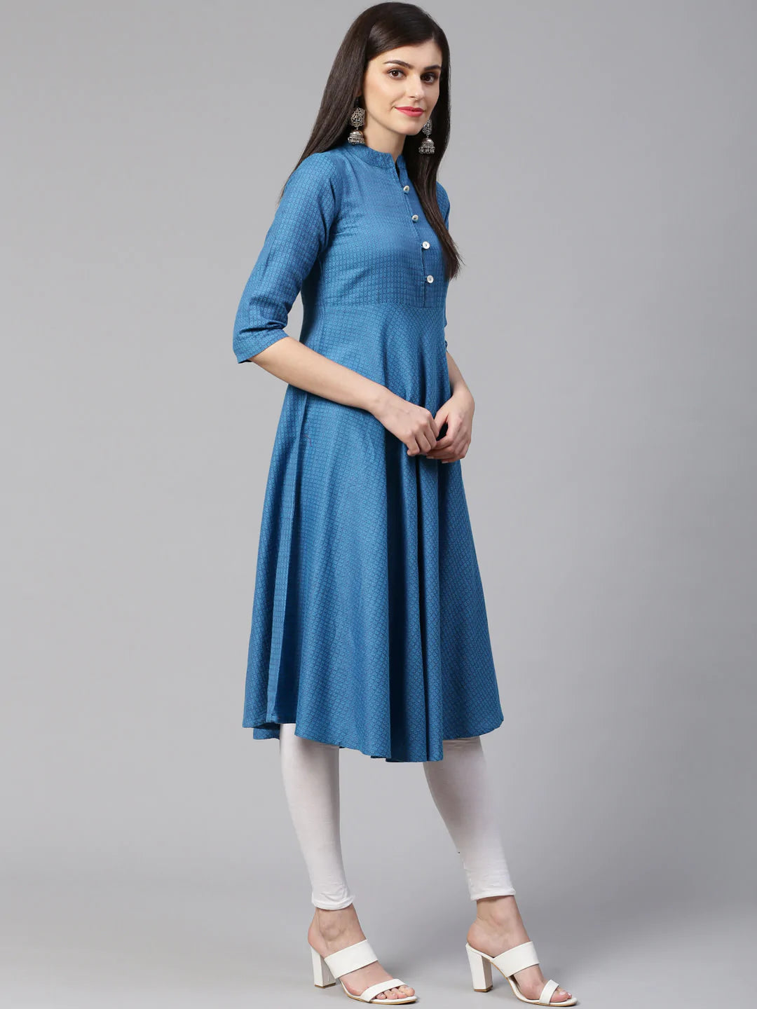 Jompers Women Blue Woven Design Jacquard Weave A-Line Kurta (JOK 1330 Green)