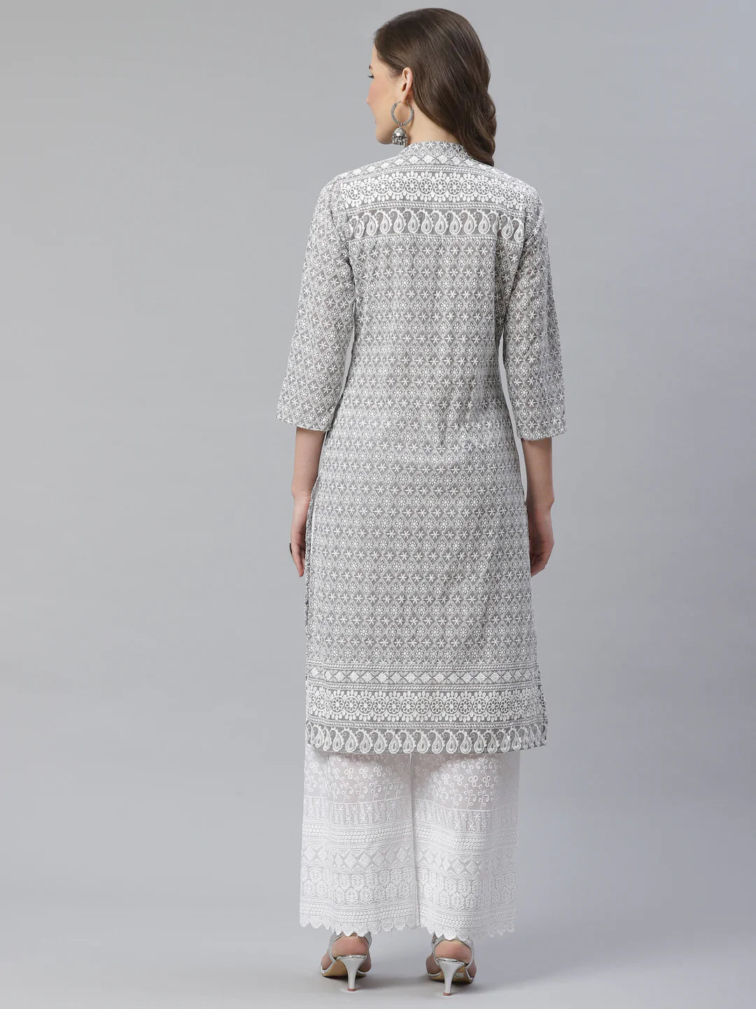 Women Grey & White Chikankari Embroidered Kurta with Palazzos ( JOKPL C-W 1351 Grey )