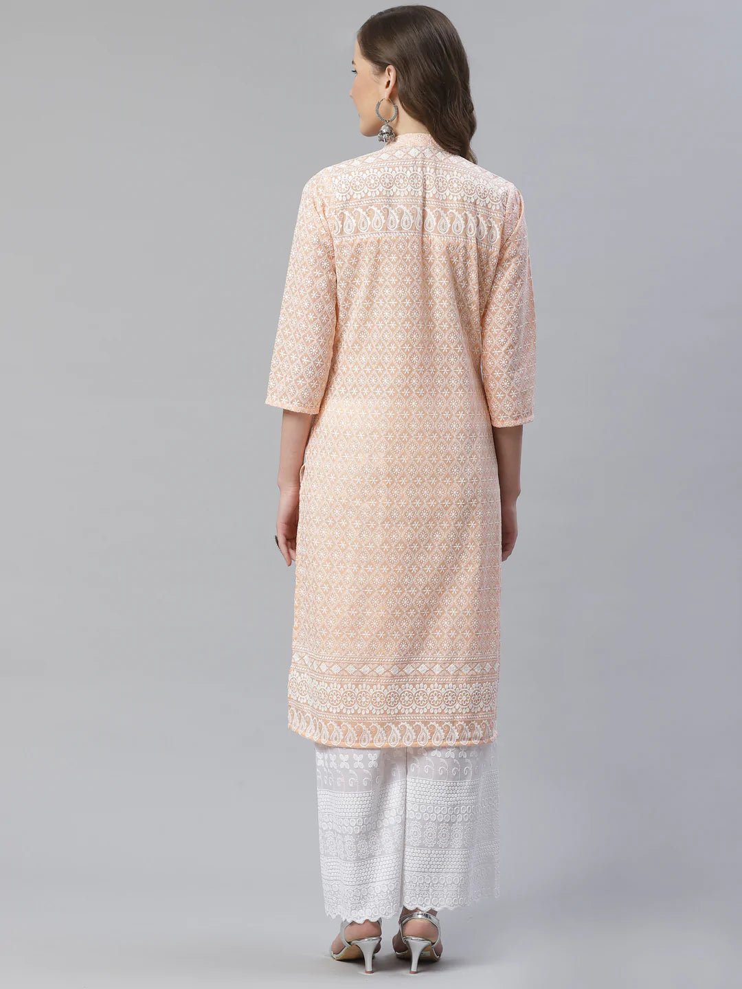 Women Peach & White Chikankari Embroidered Kurta with Palazzos ( JOKPL C-W 1351 Peach )