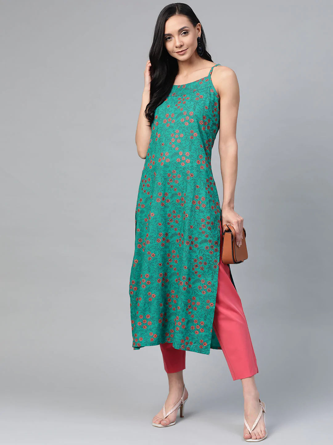Jompers Women Rama Green & Pink Printed Straight Kurta ( JOK 1363 Rama )