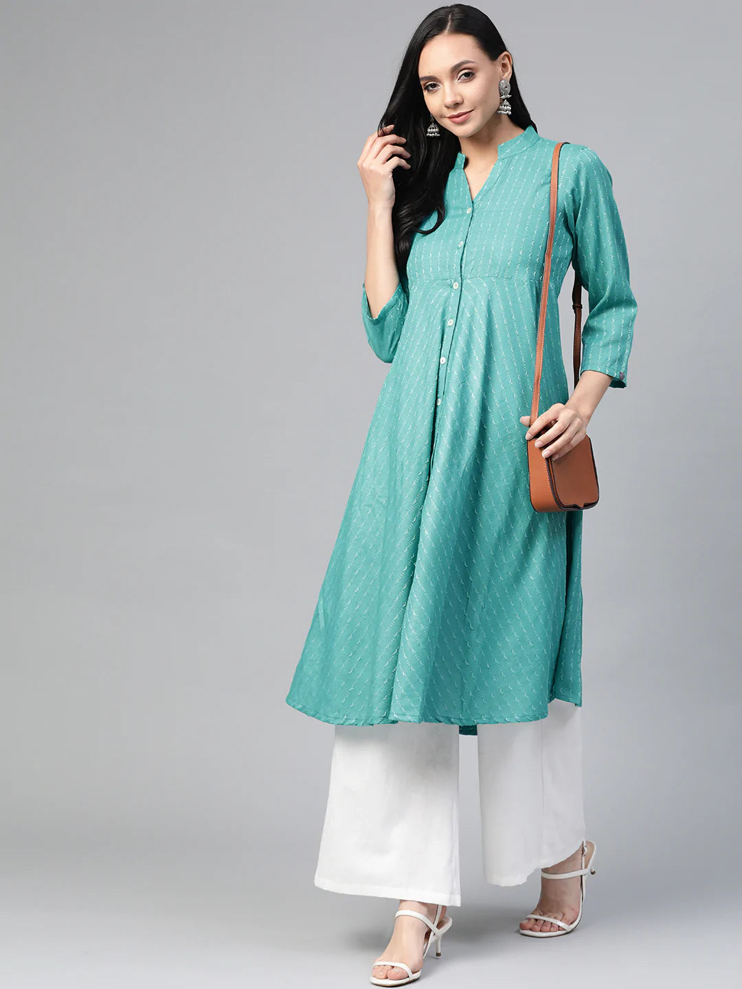ompers Women Green & White Woven Design Jacquard A-Line Kurta ( JOK 1364 Rama )