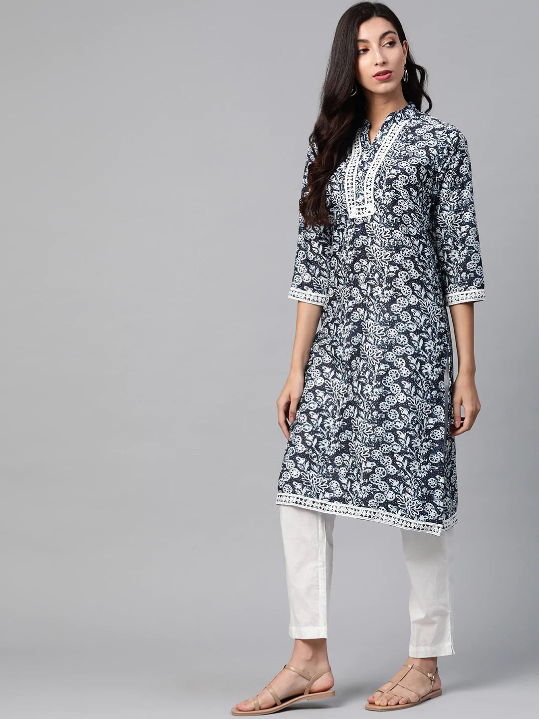 Jompers Women Navy Blue & Off White Ethnic Motifs Printed Kurta ( JOK 1375 Blue )