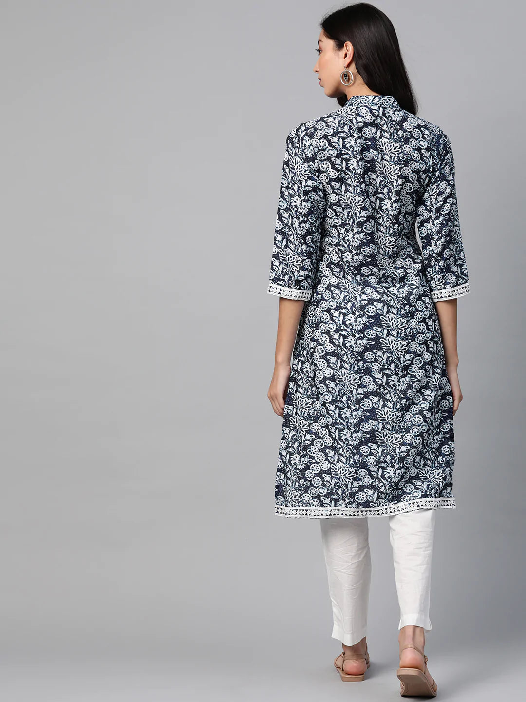 Jompers Women Navy Blue & Off White Ethnic Motifs Printed Kurta ( JOK 1375 Blue )