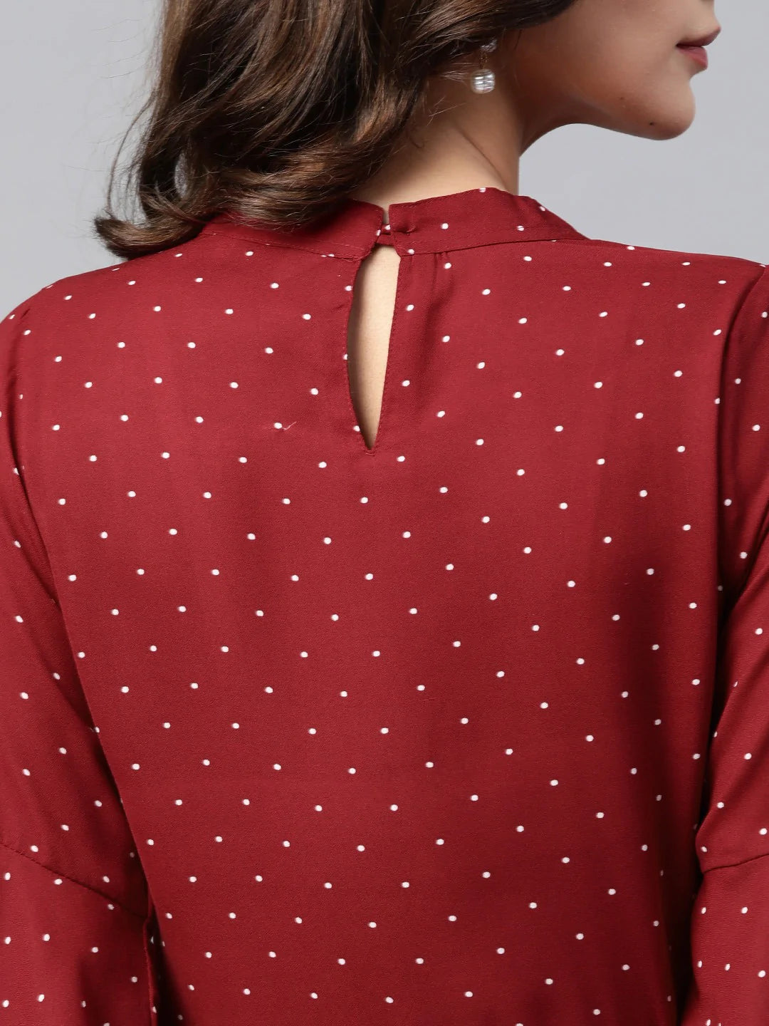 Jompers Women Maroon & White Polka Dots Print Bell Sleeves Anarkali Kurta ( JOK 1382 Maroon )