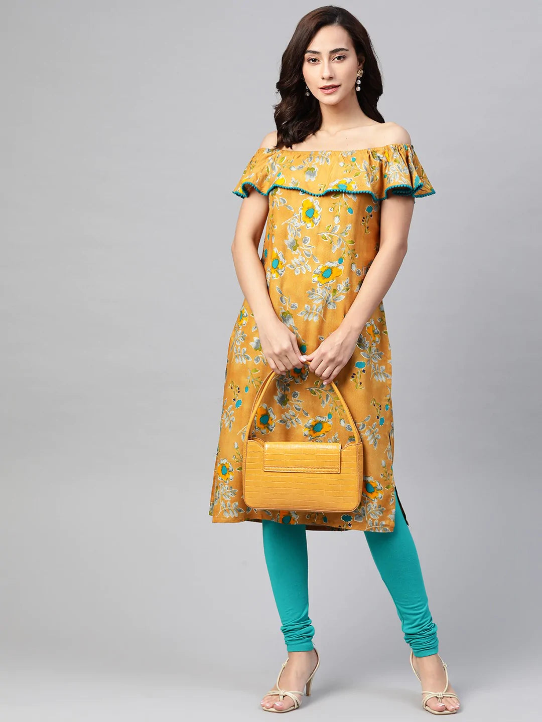 Jompers Women Mustard Yellow & Teal Blue Floral Printed Straight Kurta ( JOK 1387 Mustard )