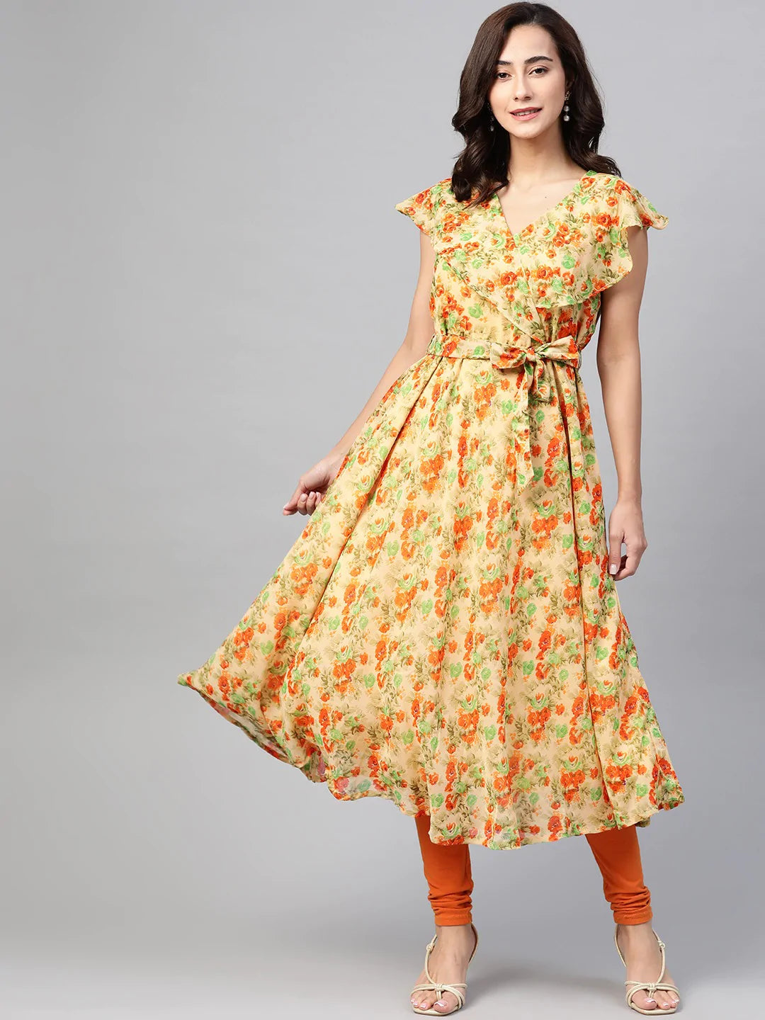 Jompers Women Beige, Orange & Green Floral Printed Georgette Kurta ( JOK 1388 Orange )