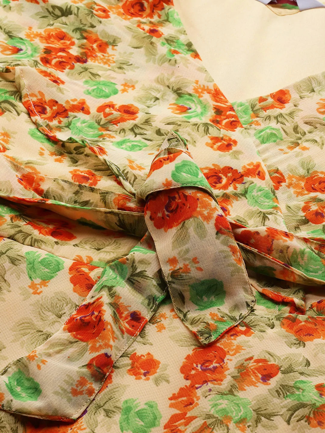 Jompers Women Beige, Orange & Green Floral Printed Georgette Kurta ( JOK 1388 Orange )