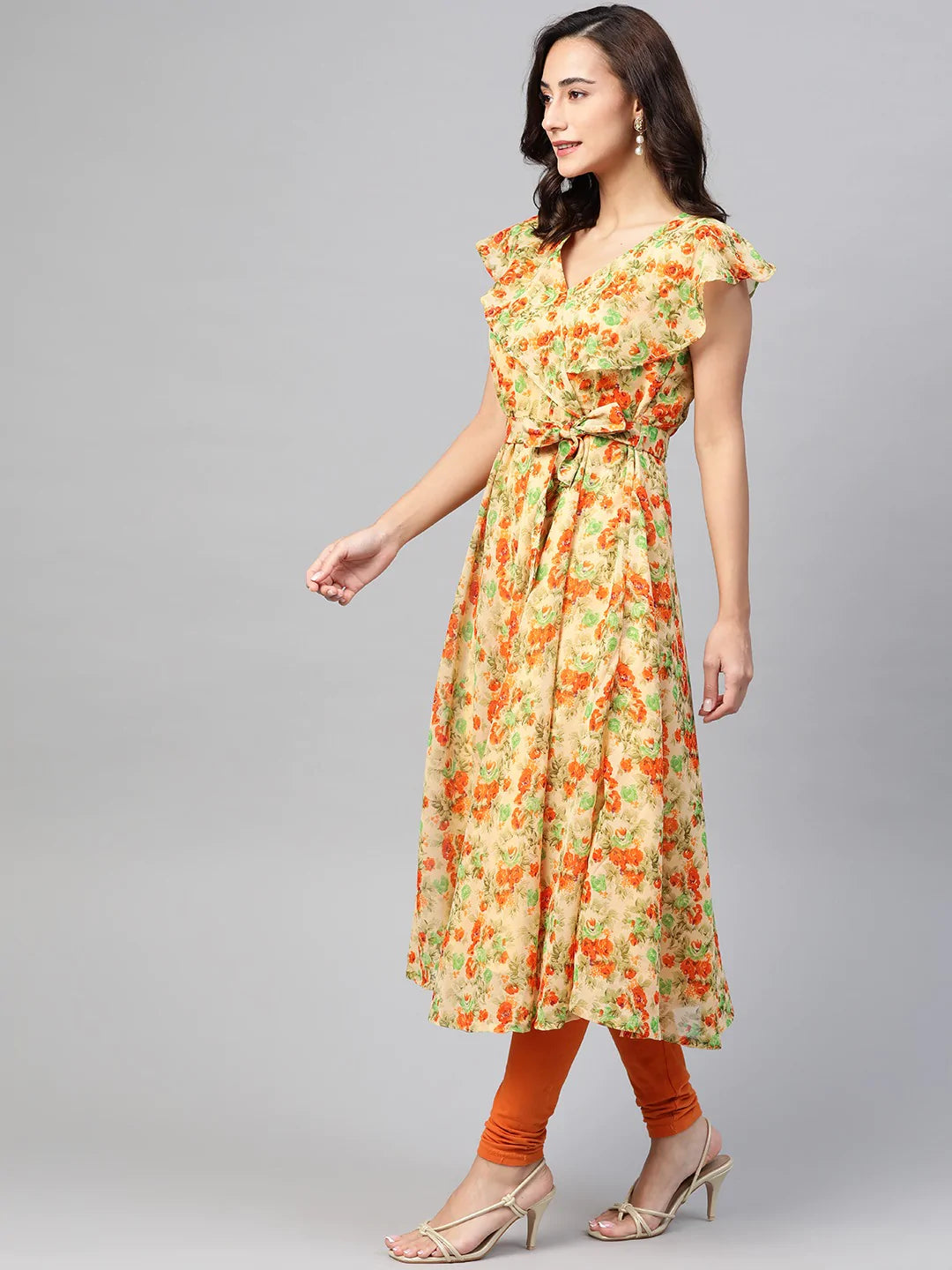 Jompers Women Beige, Orange & Green Floral Printed Georgette Kurta ( JOK 1388 Orange )