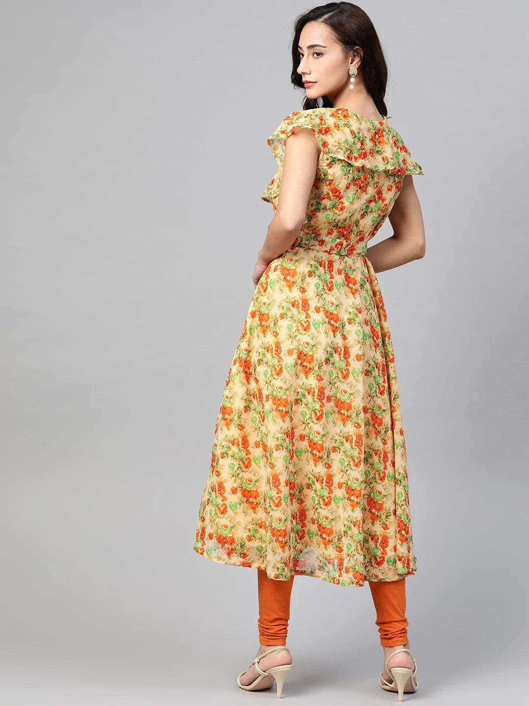 Jompers Women Beige, Orange & Green Floral Printed Georgette Kurta ( JOK 1388 Orange )