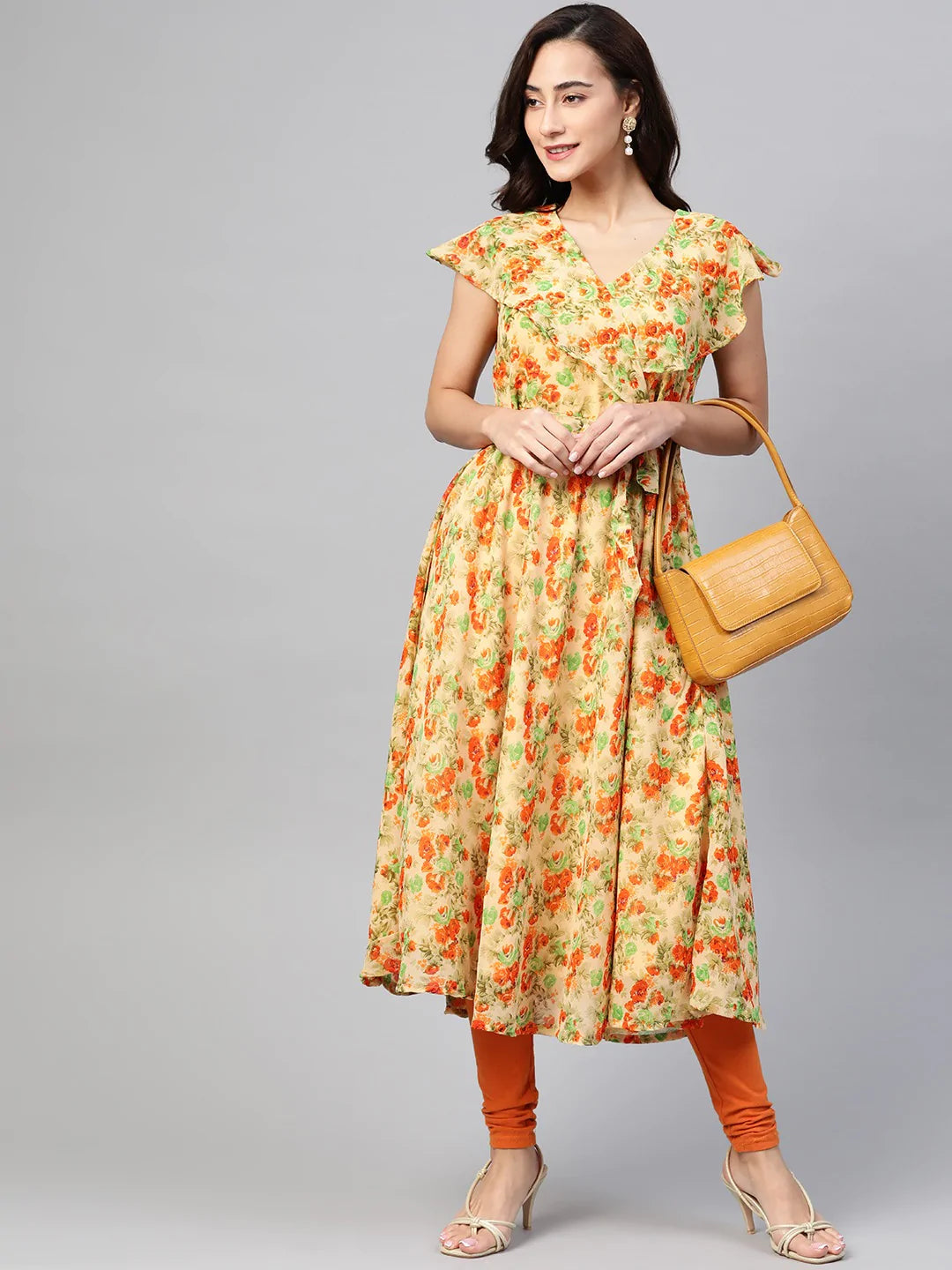 Jompers Women Beige, Orange & Green Floral Printed Georgette Kurta ( JOK 1388 Orange )