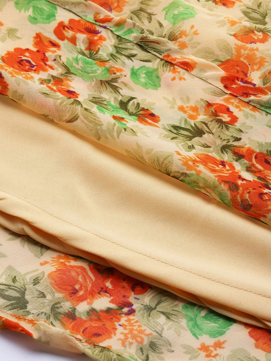 Jompers Women Beige, Orange & Green Floral Printed Georgette Kurta ( JOK 1388 Orange )