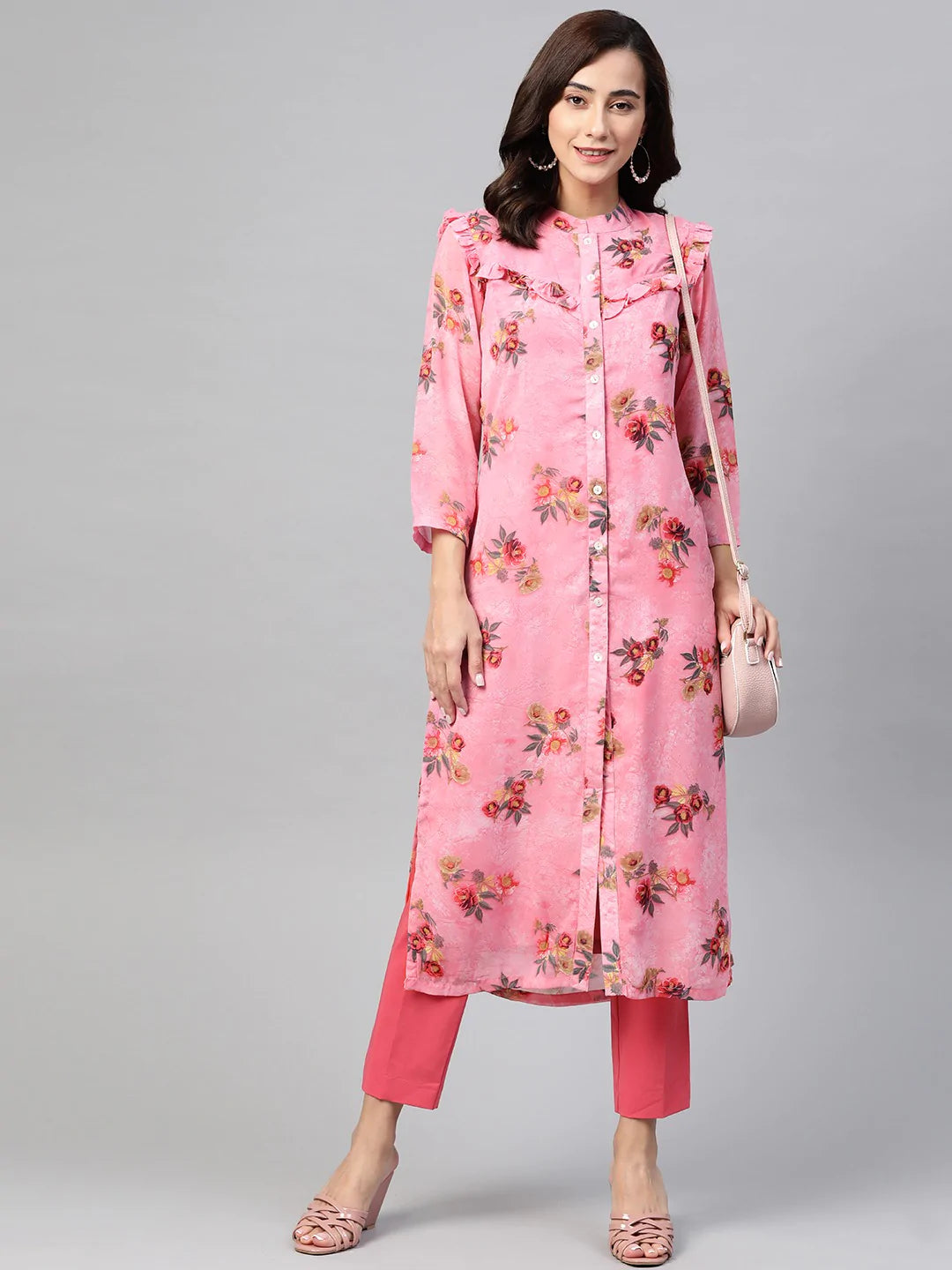 Jompers Women Pink & Olive Green Floral Printed Frills Straight Kurta ( JOK 1390 Pink )