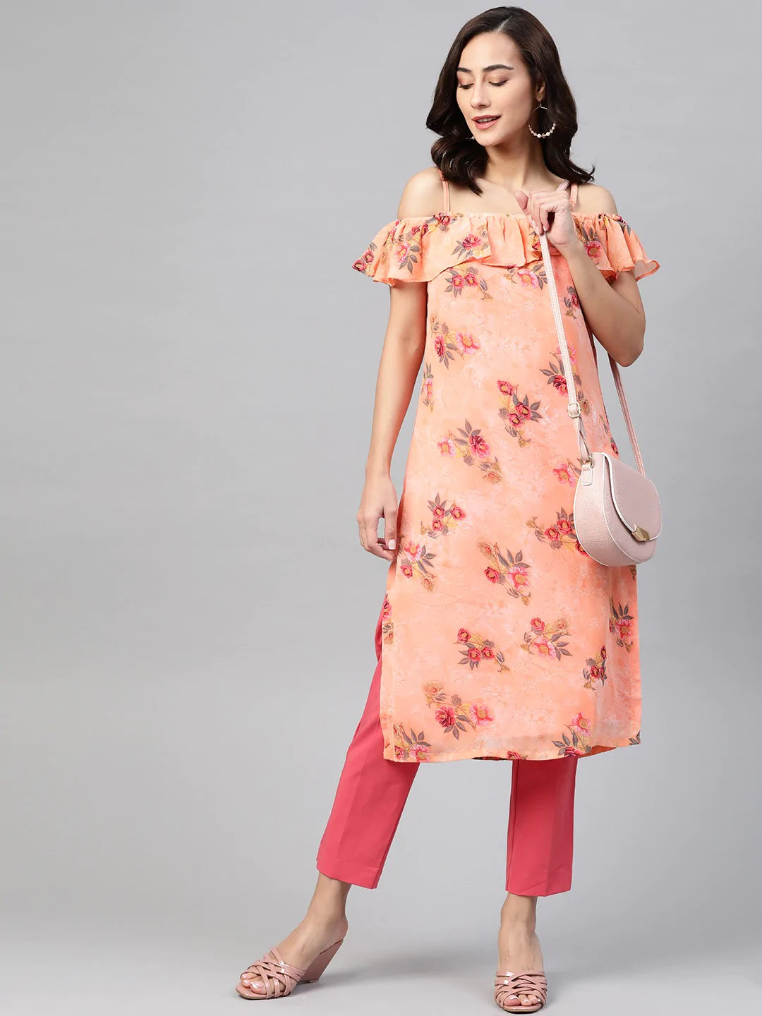 Jompers Women Peach-Coloured & Grey Floral Print Off-Shoulder Straight Kurta ( JOK 1397 Orange )