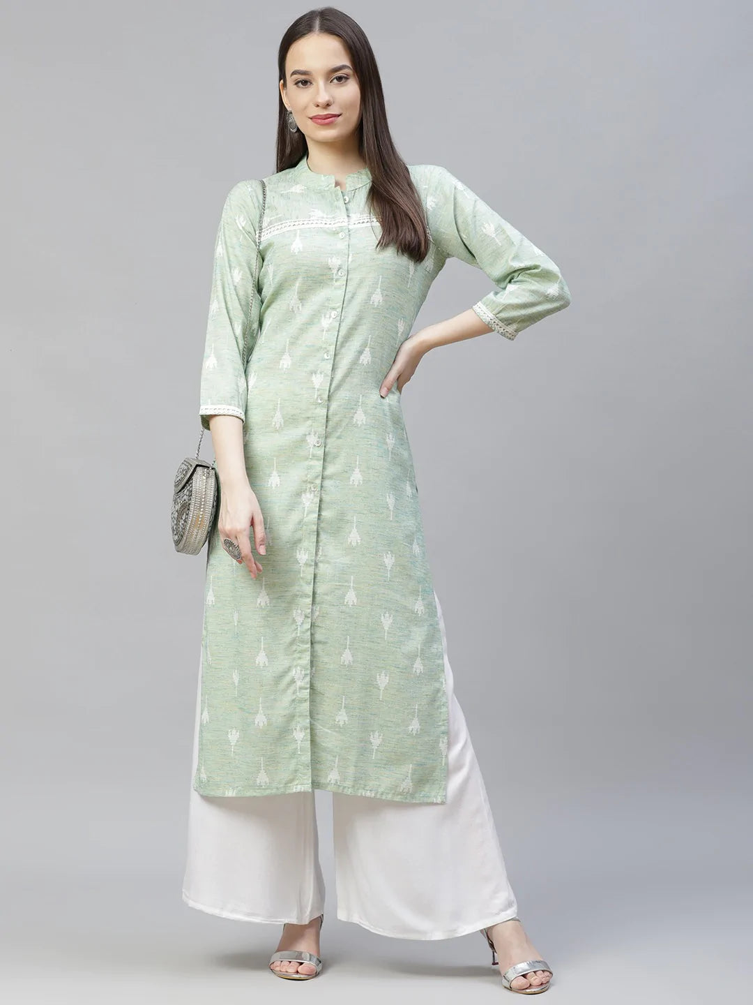 Women Green Ethnic Motifs Ikat Kurta with lace work ( JOK 1404 Green )