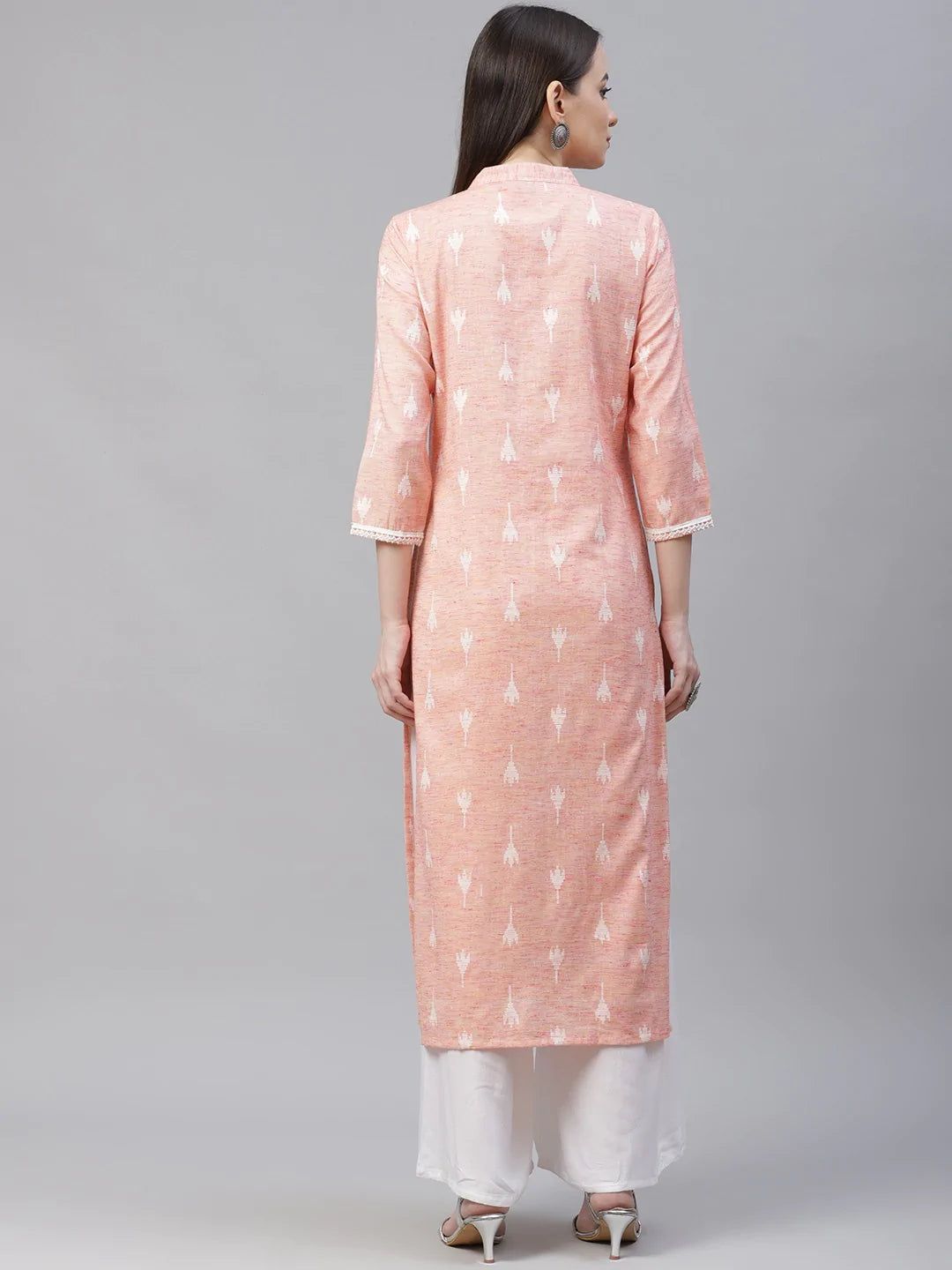 Women Pink Ethnic Motifs Ikat Kurta with lace work ( JOK 1404 Pink )
