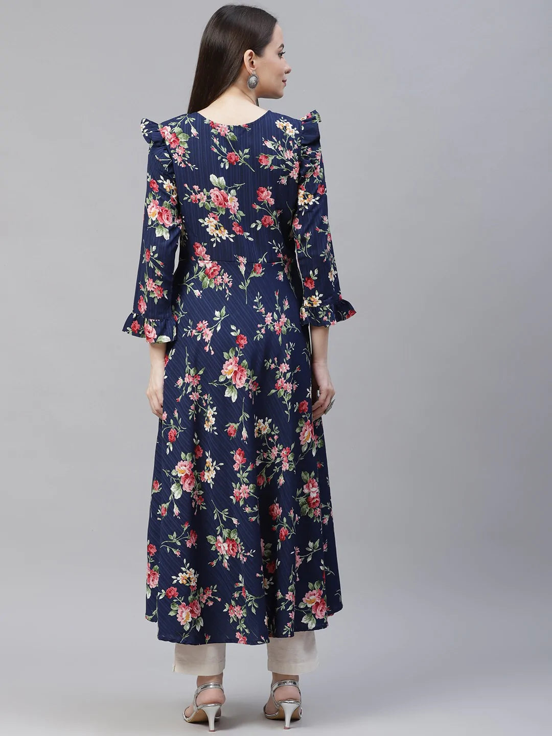Women Navy Blue & Pink Floral Printed Bell Sleeves Floral Anarkali Kurta ( JOK 1405 Blue )