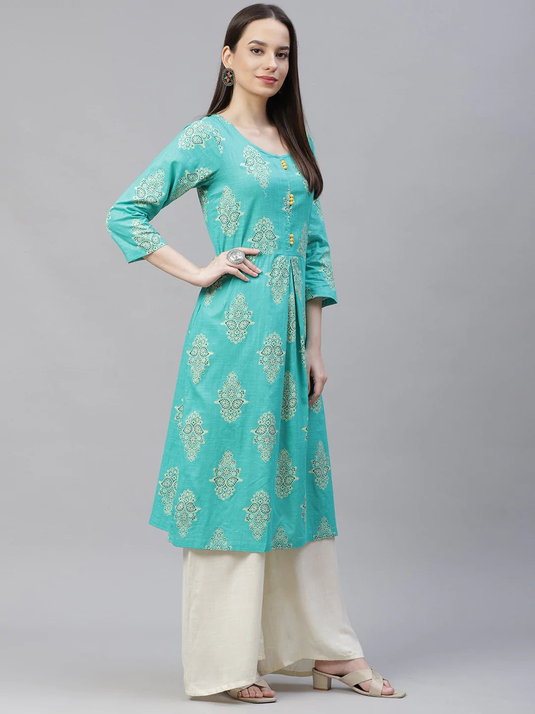 Women Sea Green & Yellow Ethnic Motifs Printed Block Print Kurta with Box Pleate ( JOK 1408 Rama )