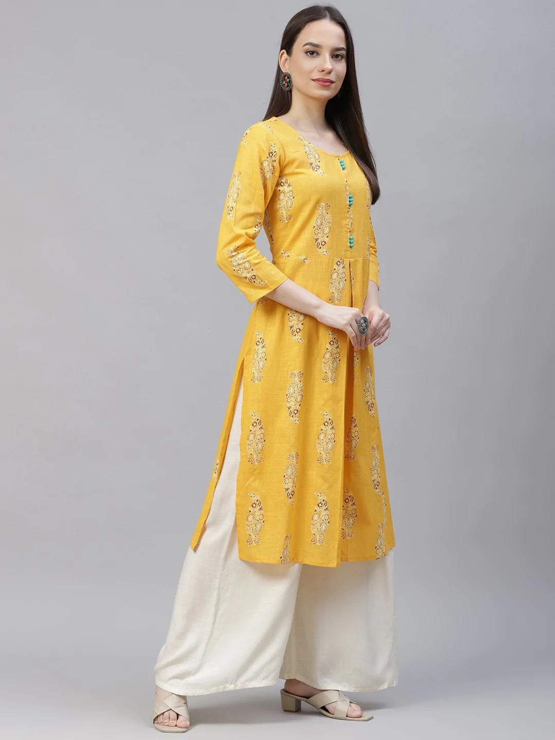 Women Yellow & Sea Green Ethnic Motifs Printed Block Print Kurta with Box Pleate ( JOK 1408 Yellow )