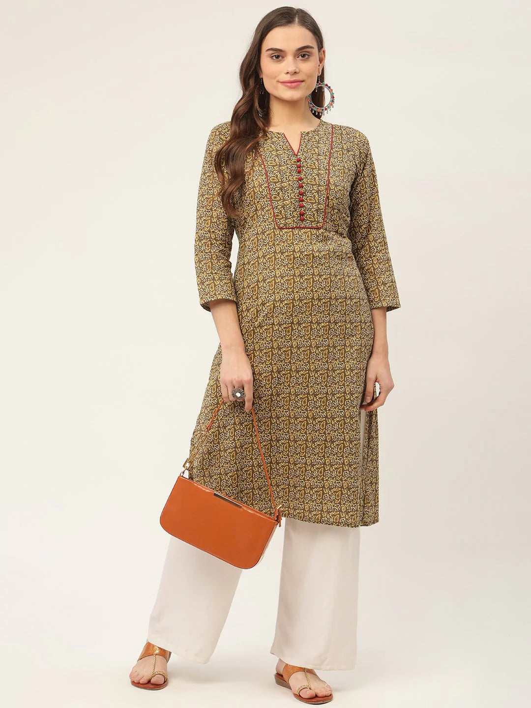 Women Brown and Olive Printed Straight Pure Cotton Kurta ( JOK 1418 Brown )