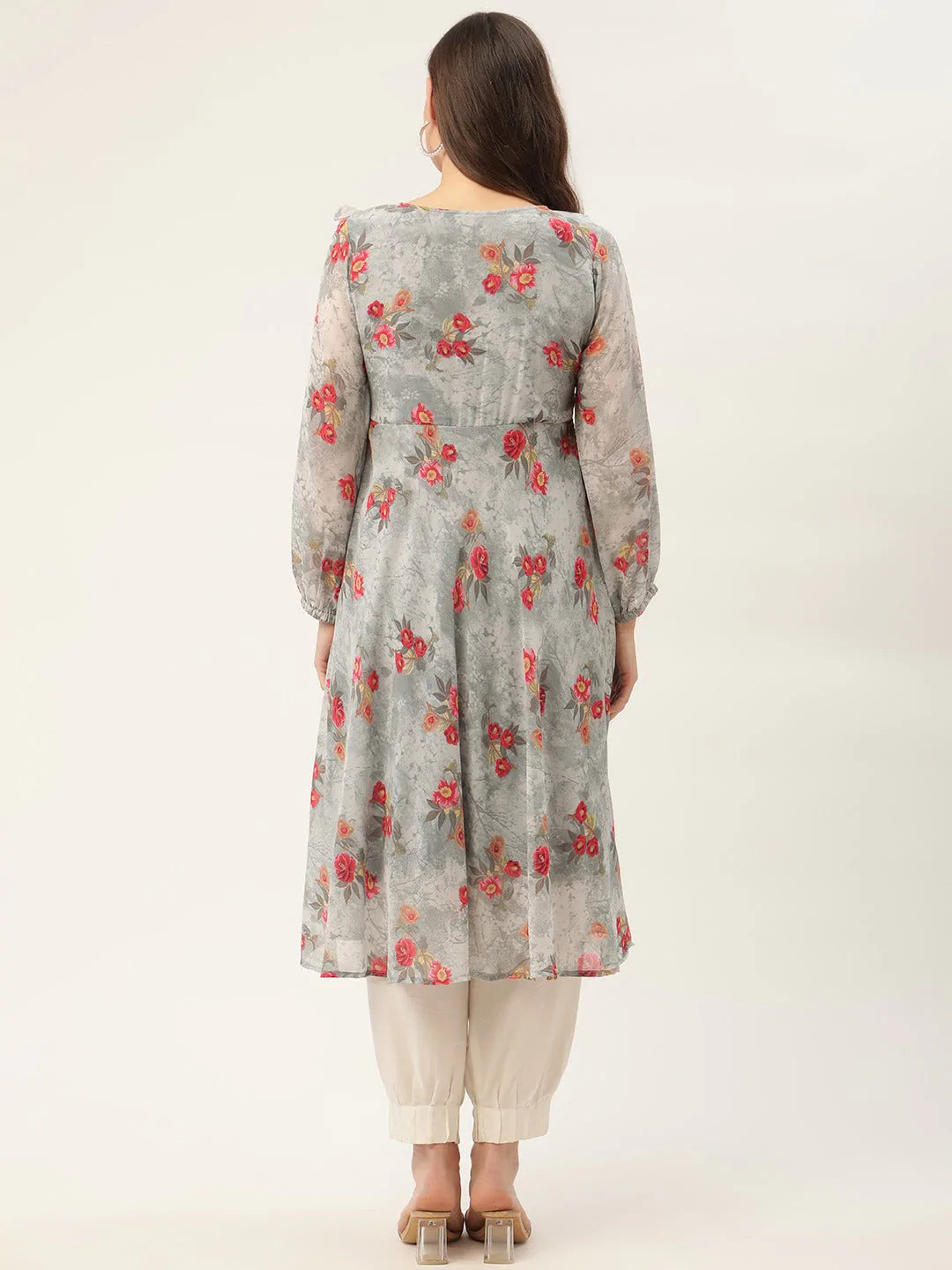 Women Grey Georgette Flared Printed kurta ( JOK 1421 Grey )