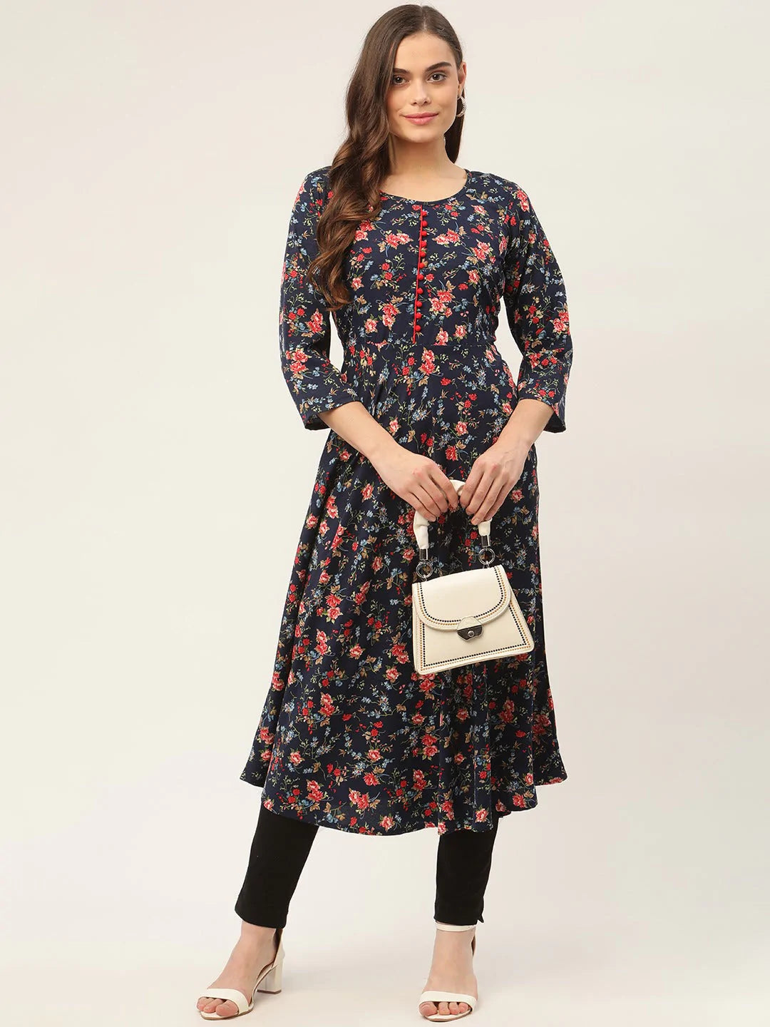 Women Navy Blue Flared Printed kurta ( JOK 1422 Navy )