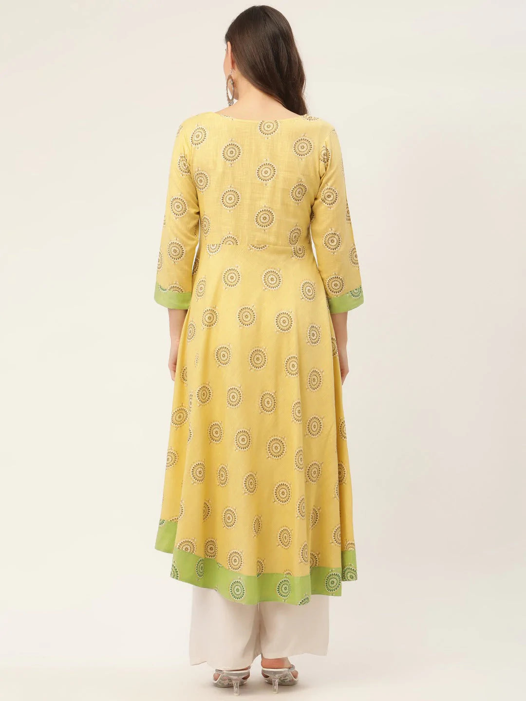 Women Pista Green Cotton Blend Flared Printed kurta ( JOK 1425 Pista )