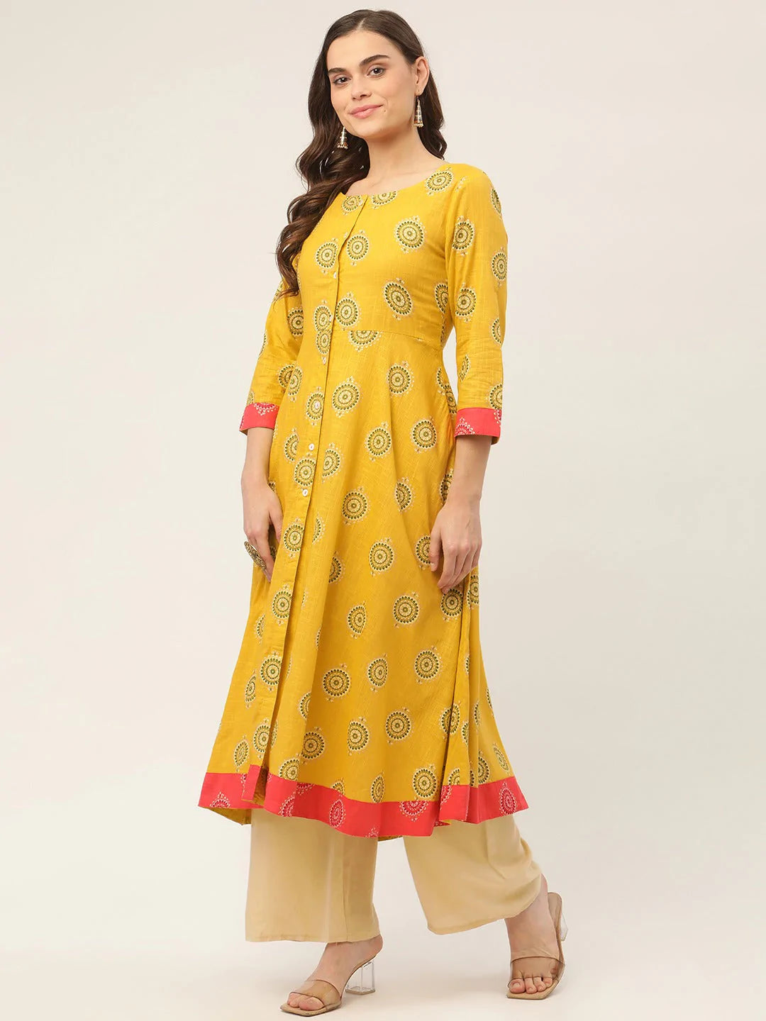 Women Yellow and Red Cotton Blend Flared Printed kurta ( JOK 1425 Yellow )