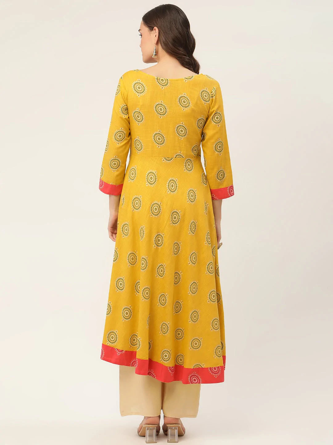 Women Yellow and Red Cotton Blend Flared Printed kurta ( JOK 1425 Yellow )
