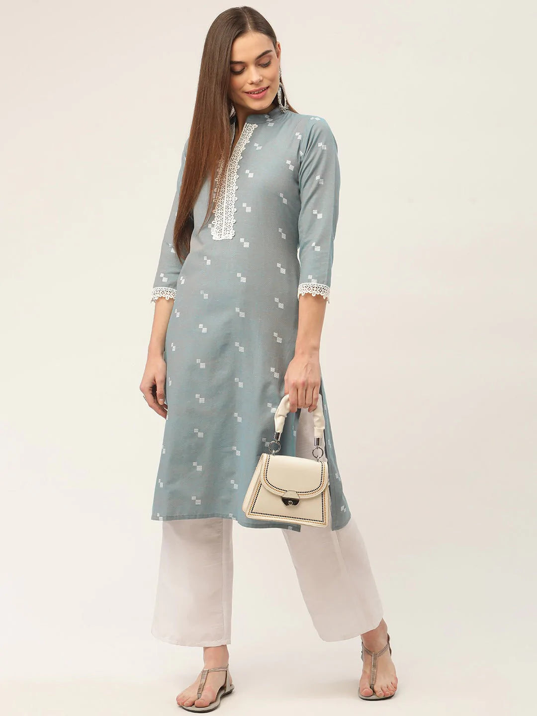 Women Grey Cotton Jacquard Geometric Printed Kurta ( JOK 1431 Grey )