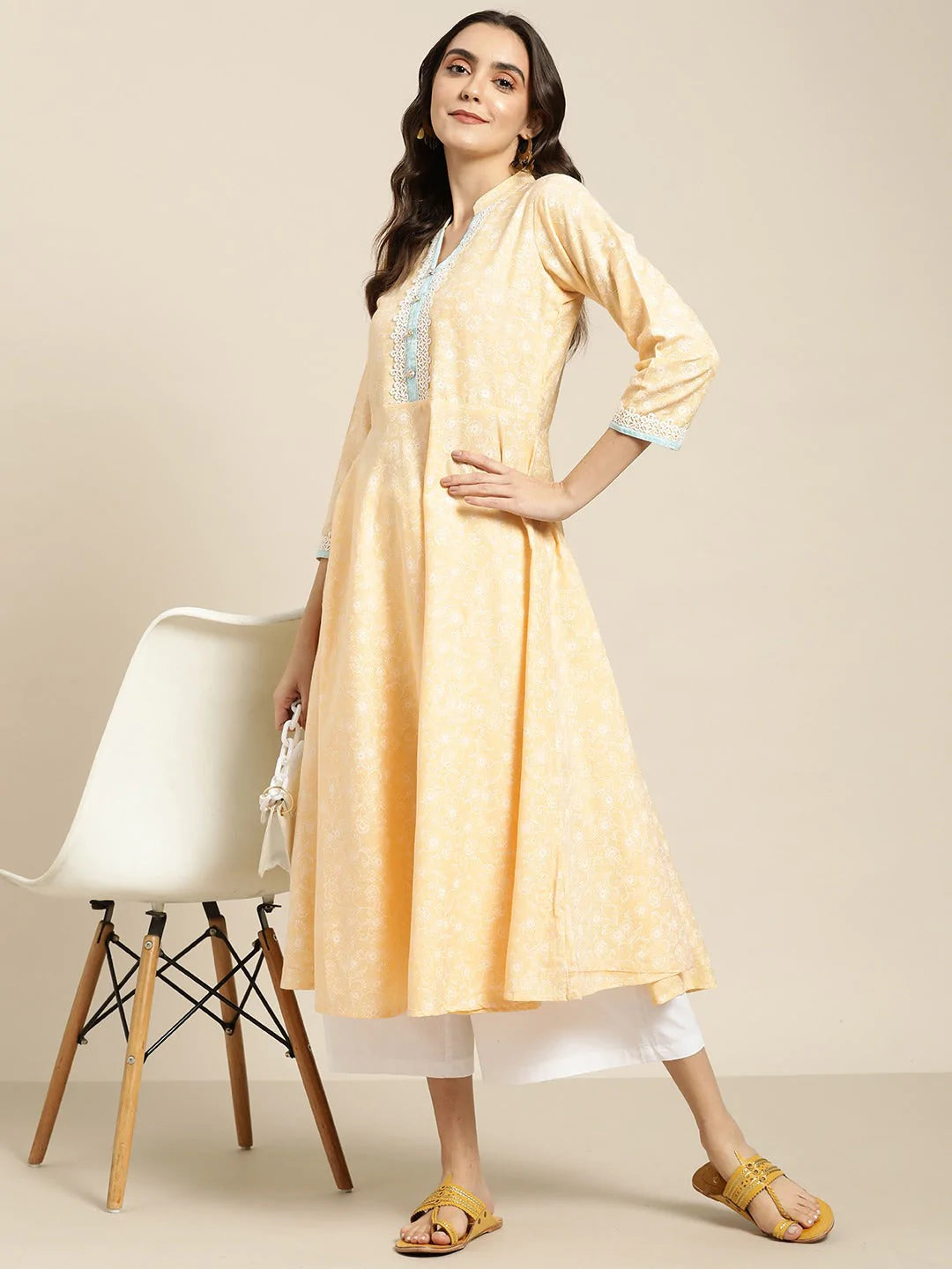 Women Yellow & White Ethnic Motifs Printed Lace Detail Anarkali Kurta ( JOK 1436 Yellow )