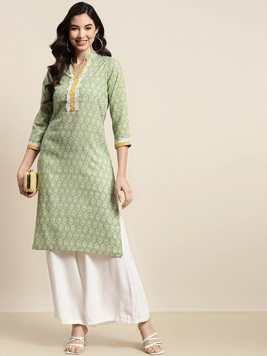 Ethnic Motifs Thread Work Kurta ( JOK 1446 Green )