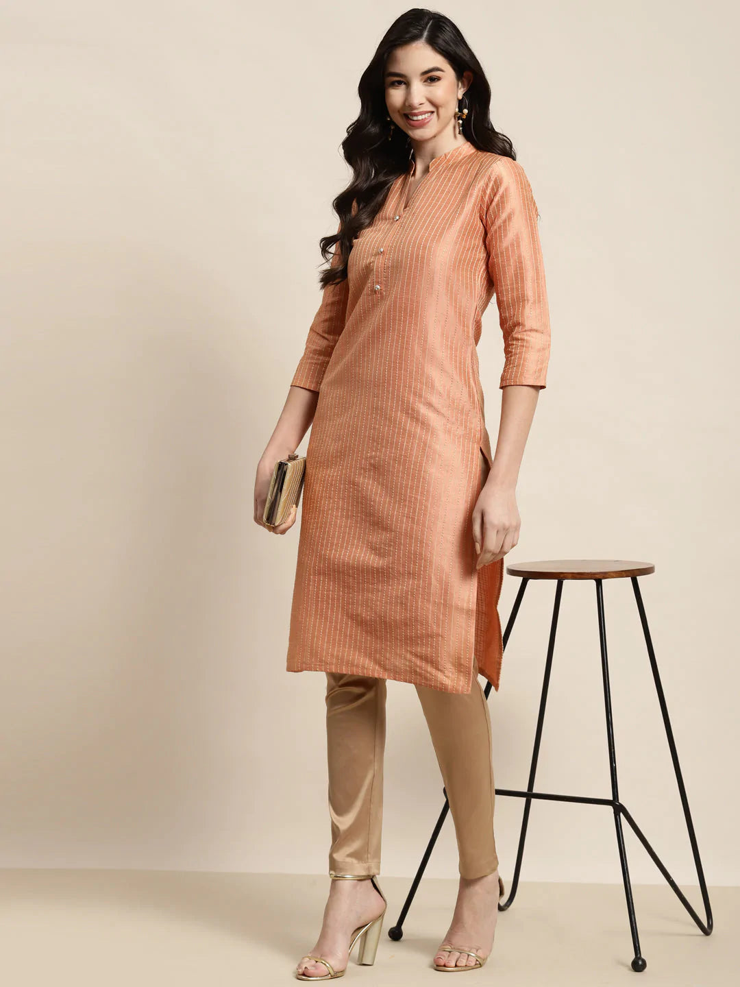Orange Striped Thread Work Kurta ( JOK 1450 Orange )