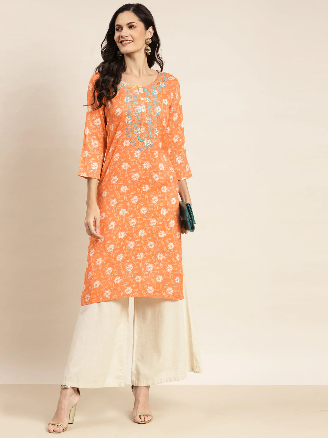 Floral Printed Embroidered Detail Kurta ( JOK 1463 Orange )