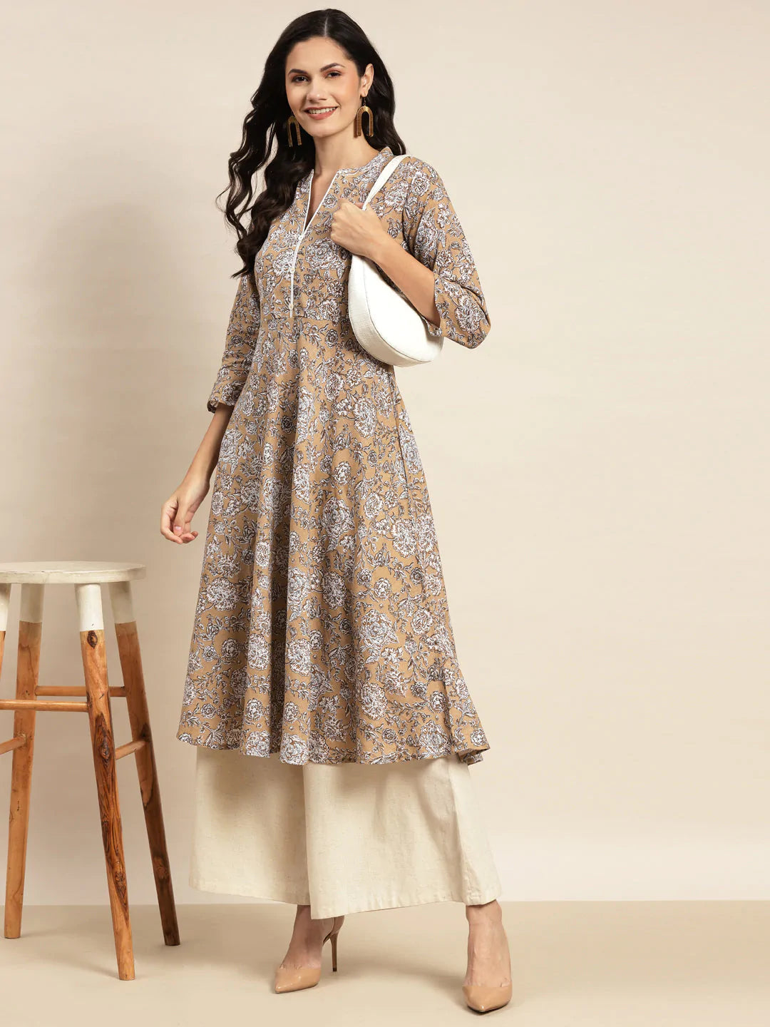 Floral Printed Anarkali Cotton Kurta ( JOK 1464 Brown )