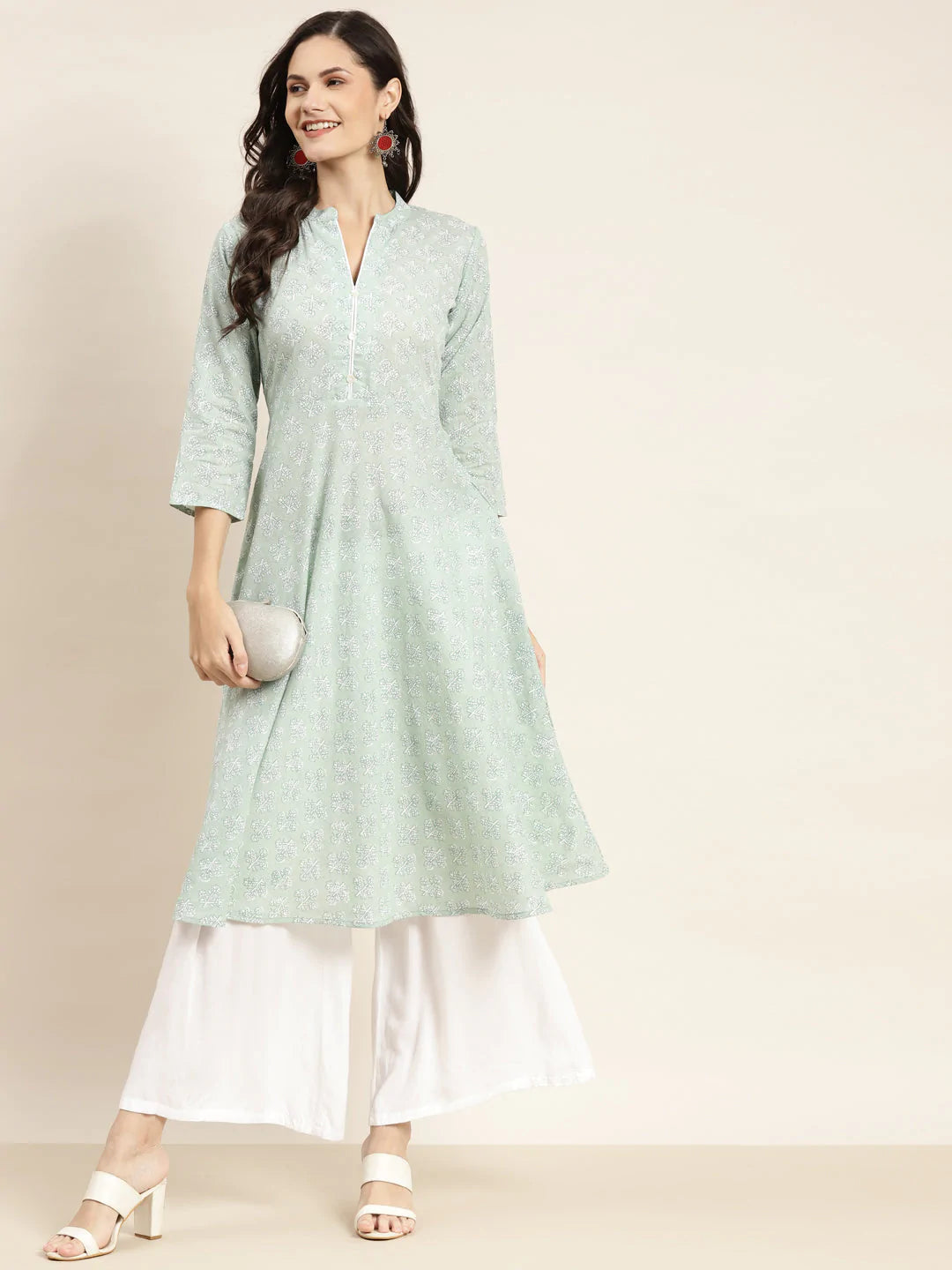 Floral Printed Anarkali Cotton Kurta ( JOK 1464 Green )