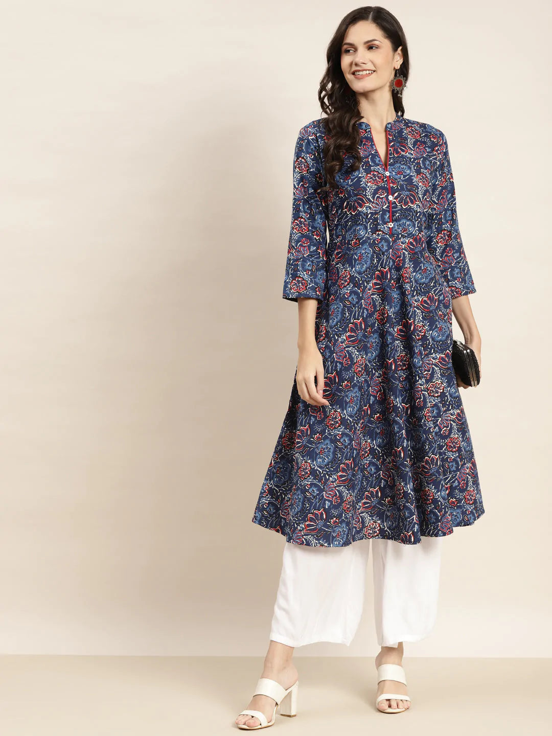 Floral Printed Anarkali Cotton Kurta ( JOK 1464 Navy )