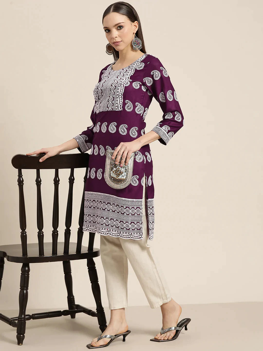 Women Paisley Embroidered Sequinned Chikankari Kurta ( JOK 1479 Purple )