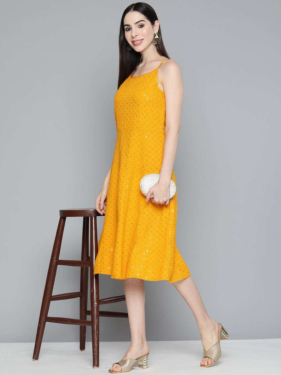 Jompers Mustard Floral Sequin Embroidered A-Line Midi Dress ( JOK 1494 Mustard )