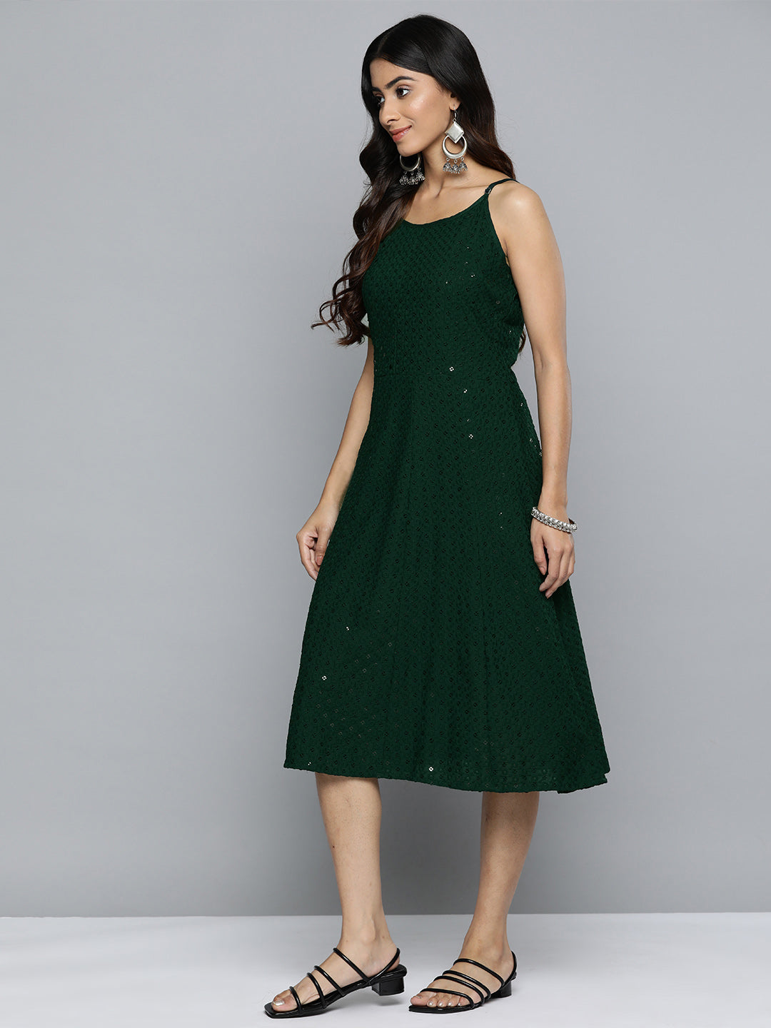 Jompers Olive Floral Sequin Embroidered A-Line Midi Dress ( JOK 1494 Olive )